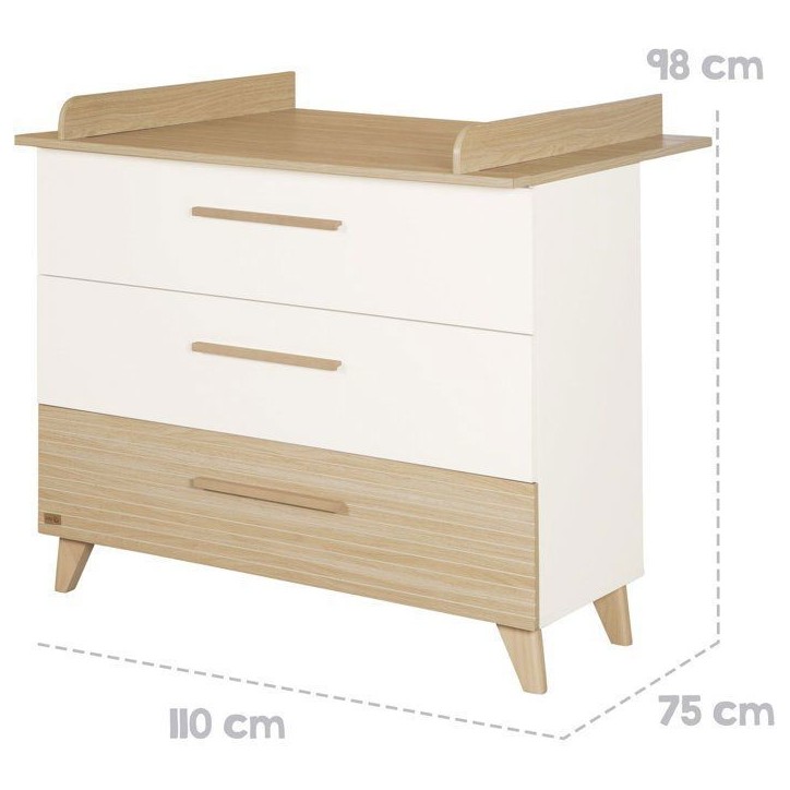 Commode a langer - ROBA - Theo - 3 tiroirs - Plan amovible - Blanc / Chene