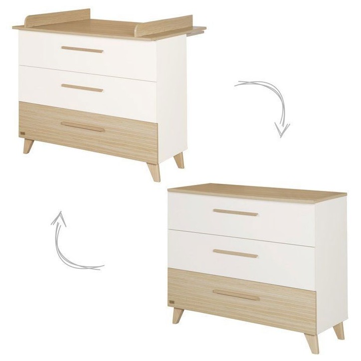 Commode a langer - ROBA - Theo - 3 tiroirs - Plan amovible - Blanc / Chene