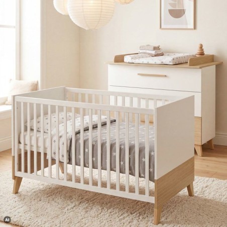 Lit bébé évolutif 70 x 140 cm - ROBA - Theo - Blanc / Chene