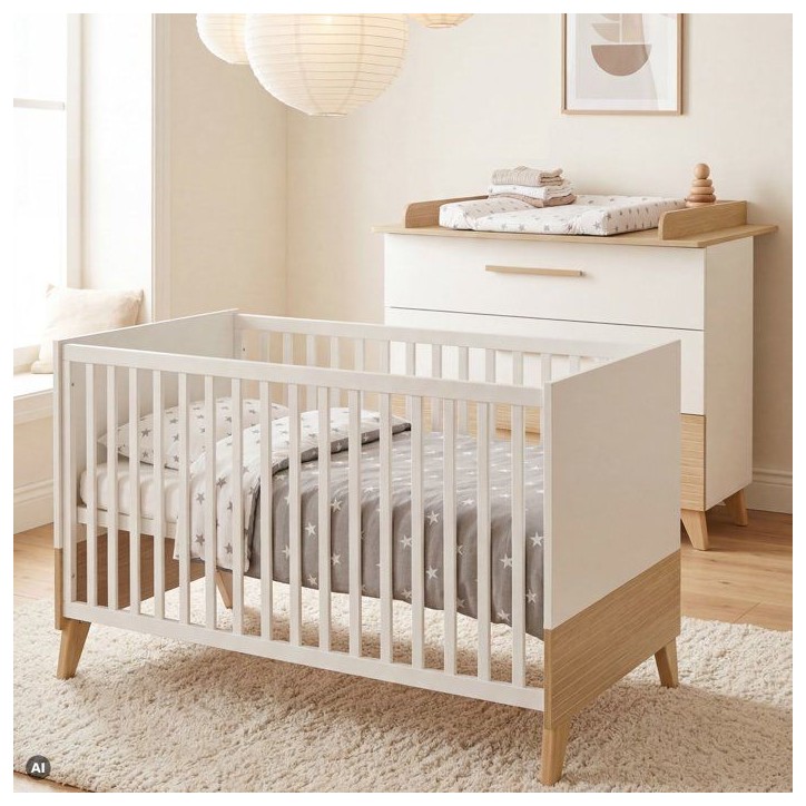 Lit bébé évolutif 70 x 140 cm - ROBA - Theo - Blanc / Chene