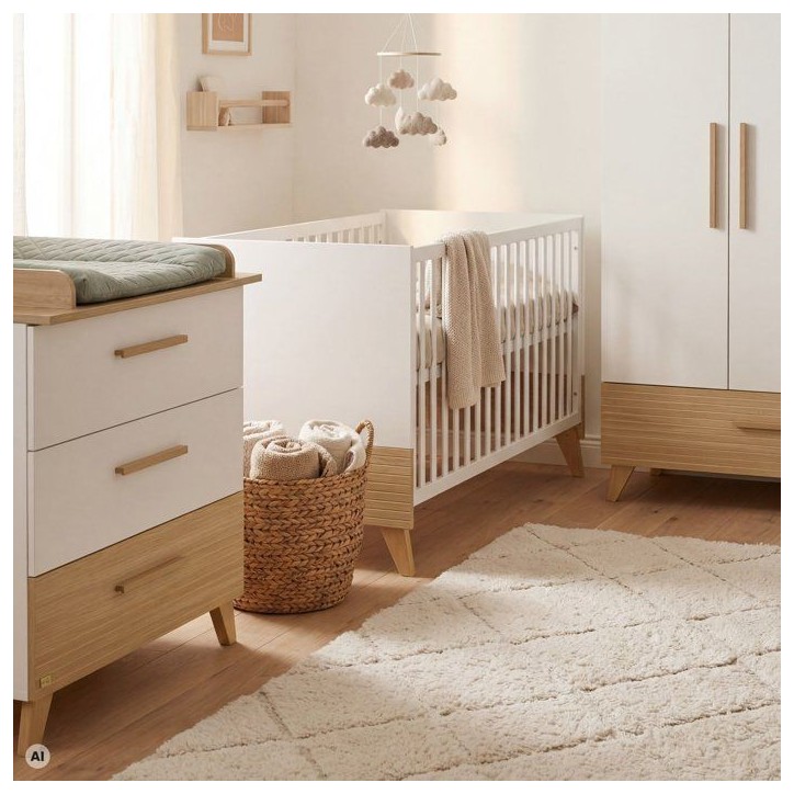 Lit bébé évolutif 70 x 140 cm - ROBA - Theo - Blanc / Chene