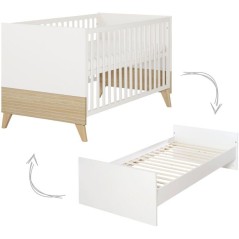 Lit bébé évolutif 70 x 140 cm - ROBA - Theo - Blanc / Chene