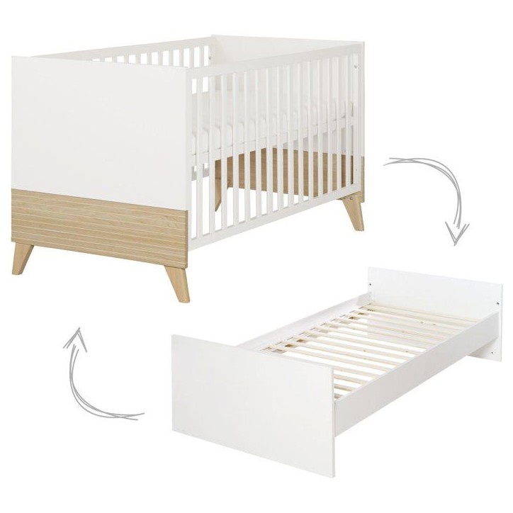 Lit bébé évolutif 70 x 140 cm - ROBA - Theo - Blanc / Chene