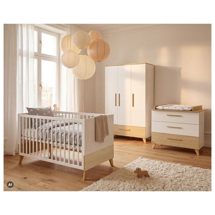 Chambre bébé complete - ROBA - Theo - Lit évolutif 70x140 + Commode a langer + Armoire 3 portes - Blanc/Chene
