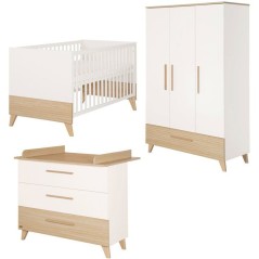 Chambre bébé complete - ROBA - Theo - Lit évolutif 70x140 + Commode a langer + Armoire 3 portes - Blanc/Chene