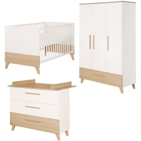 Chambre bébé complete - ROBA - Theo - Lit évolutif 70x140 + Commode a langer + Armoire 3 portes - Blanc/Chene