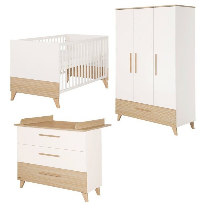 Chambre bébé complete - ROBA - Theo - Lit évolutif 70x140 + Commode a langer + Armoire 3 portes - Blanc/Chene