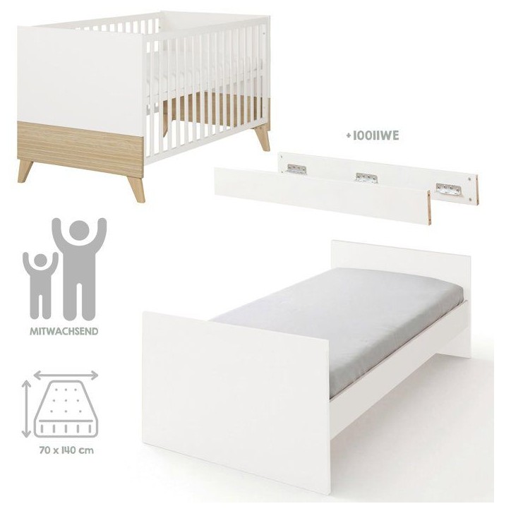 Chambre bébé complete - ROBA - Theo - Lit évolutif 70x140 + Commode a langer + Armoire 3 portes - Blanc/Chene