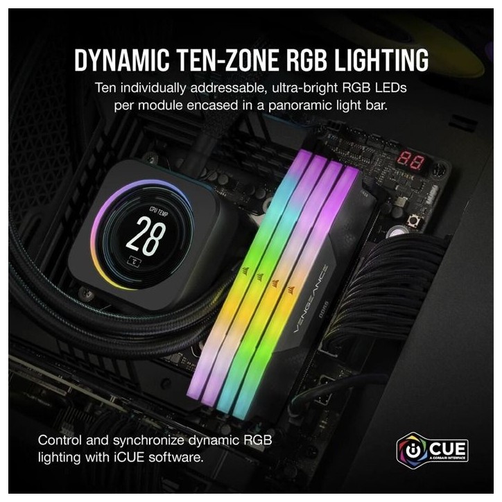 Barrette mémoire - CORSAIR - Vengeance RGB CMH16GX5M2B5200Z40 - 16 Go (2x8 Go) - DDR5 - 5200 MHz - CAS 40 - Gris - RGB - EXPO Barrette mémoire - CORSAIR - Vengeance RGB CMH16GX5M2B5200Z40 - 16 Go (2x8 Go) - DDR5 - 5200 MHz - CAS 40 - Gris - RGB - EXPO