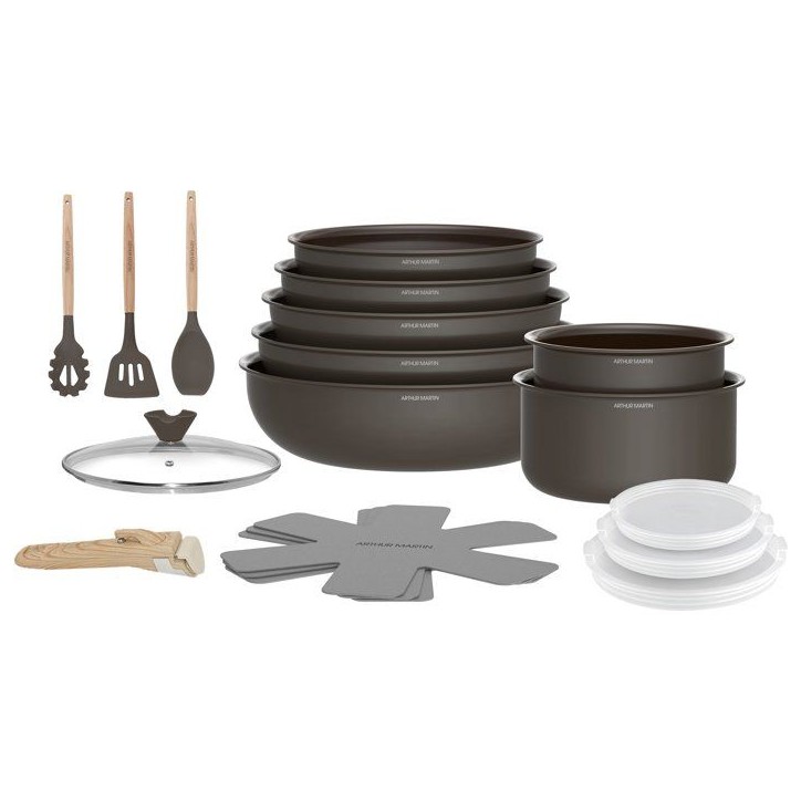 Batterie de cuisine - Tous feux dont induction - ARTHUR MARTIN – Revetement céramique - 18 pieces - Poignée amovible - Choco Batterie de cuisine - Tous feux dont induction - ARTHUR MARTIN – Revetement céramique - 18 pieces - Poignée amovible - Choco