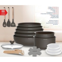 Batterie de cuisine - Tous feux dont induction - ARTHUR MARTIN – Revetement céramique - 18 pieces - Poignée amovible - Choco