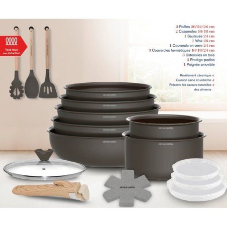 Batterie de cuisine - Tous feux dont induction - ARTHUR MARTIN – Revetement céramique - 18 pieces - Poignée amovible - Choco