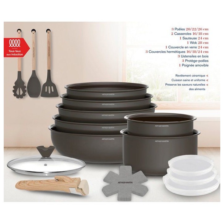 Batterie de cuisine - Tous feux dont induction - ARTHUR MARTIN – Revetement céramique - 18 pieces - Poignée amovible - Choco Batterie de cuisine - Tous feux dont induction - ARTHUR MARTIN – Revetement céramique - 18 pieces - Poignée amovible - Choco
