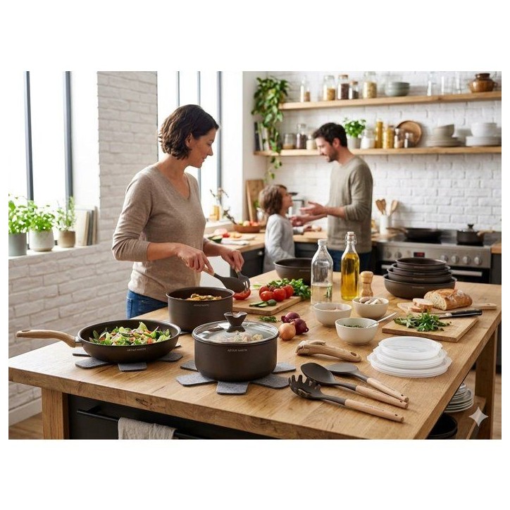 Batterie de cuisine - Tous feux dont induction - ARTHUR MARTIN – Revetement céramique - 18 pieces - Poignée amovible - Choco Batterie de cuisine - Tous feux dont induction - ARTHUR MARTIN – Revetement céramique - 18 pieces - Poignée amovible - Choco