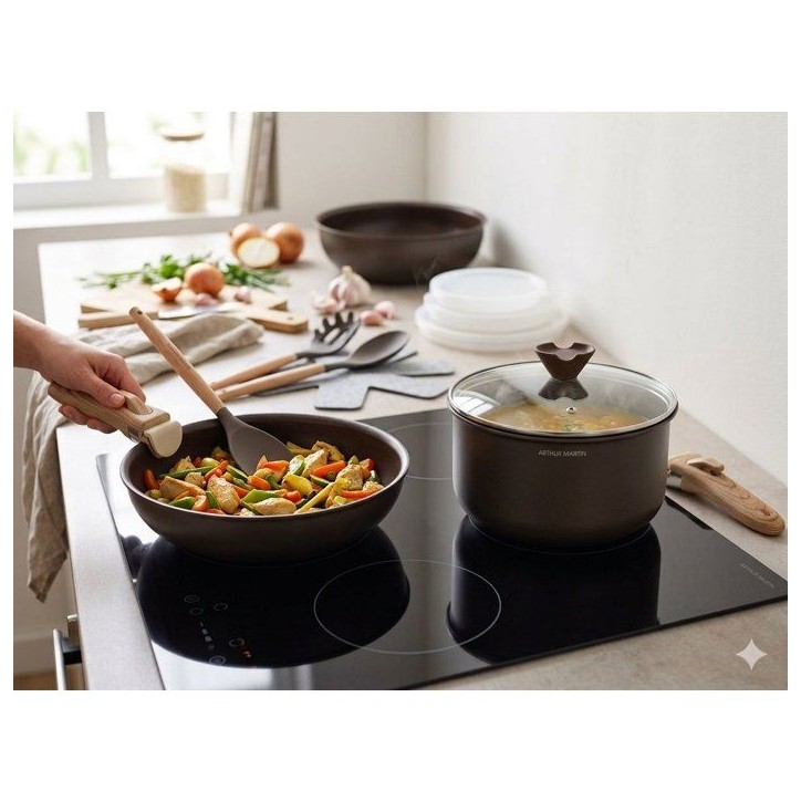 Batterie de cuisine - Tous feux dont induction - ARTHUR MARTIN – Revetement céramique - 18 pieces - Poignée amovible - Choco Batterie de cuisine - Tous feux dont induction - ARTHUR MARTIN – Revetement céramique - 18 pieces - Poignée amovible - Choco