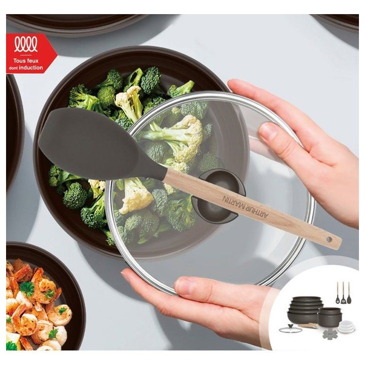 Batterie de cuisine - Tous feux dont induction - ARTHUR MARTIN – Revetement céramique - 18 pieces - Poignée amovible - Choco Batterie de cuisine - Tous feux dont induction - ARTHUR MARTIN – Revetement céramique - 18 pieces - Poignée amovible - Choco