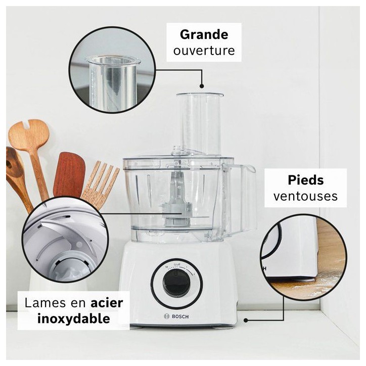 Robot multifonction MultiTalent3 - BOSCH - MCM3230W blanc - 800 W - 2 vitesses et turbo - bol melangeur 2,3 L - blender plastiqu
