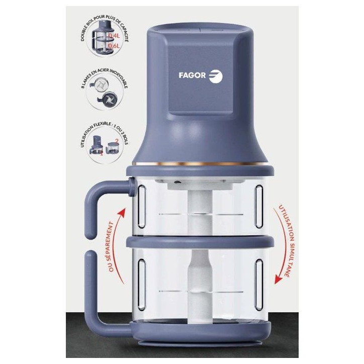 Hachoir électrique - FAGOR - FGH4487 - Double bol 1 L - 450 W - 2 vitesses - 8 lames inox Hachoir électrique - FAGOR - FGH4487 - Double bol 1 L - 450 W - 2 vitesses - 8 lames inox