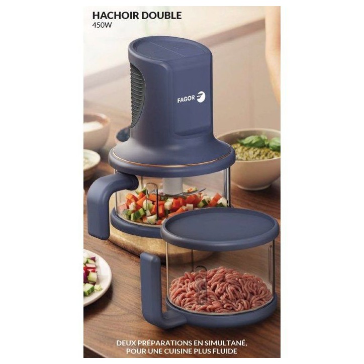 Hachoir électrique - FAGOR - FGH4487 - Double bol 1 L - 450 W - 2 vitesses - 8 lames inox Hachoir électrique - FAGOR - FGH4487 - Double bol 1 L - 450 W - 2 vitesses - 8 lames inox