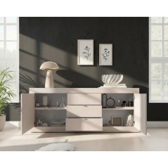 Buffet - BASICO - Panneaux de particules - Cachemire - 2 portes - 3 tiroirs - Style contemporain - 210 x 86 x 42 cm