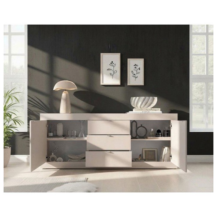 Buffet - BASICO - Panneaux de particules - Cachemire - 2 portes - 3 tiroirs - Style contemporain - 210 x 86 x 42 cm Buffet - BASICO - Panneaux de particules - Cachemire - 2 portes - 3 tiroirs - Style contemporain - 210 x 86 x 42 cm