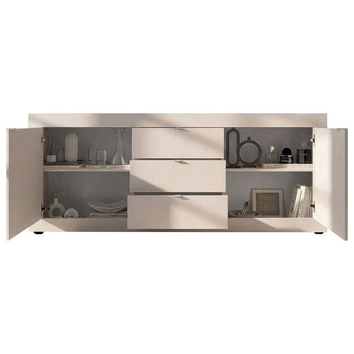 Buffet - BASICO - Panneaux de particules - Cachemire - 2 portes - 3 tiroirs - Style contemporain - 210 x 86 x 42 cm Buffet - BASICO - Panneaux de particules - Cachemire - 2 portes - 3 tiroirs - Style contemporain - 210 x 86 x 42 cm