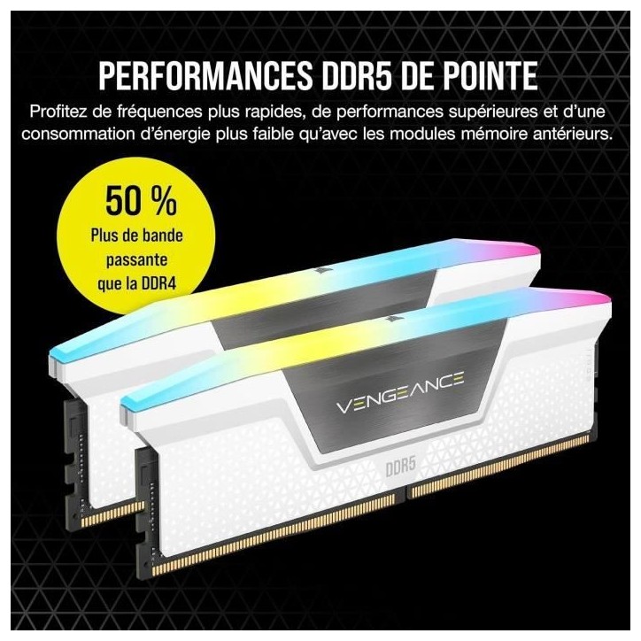 Mémoire RAM - CORSAIR - CMH32GX5M2E6000C36W - VENGEANCE RGB - DDR5 - 32Go 2x16Go - 6000MT/s - DIMM - CL 36 - 1.35V