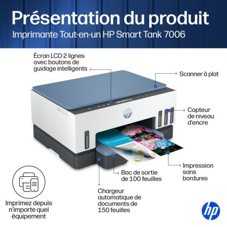 Imprimante Multifonction - HP - Smart Tank 7006 – Wi-Fi et Bluetooth - Réservoir d'encre – Couleurs