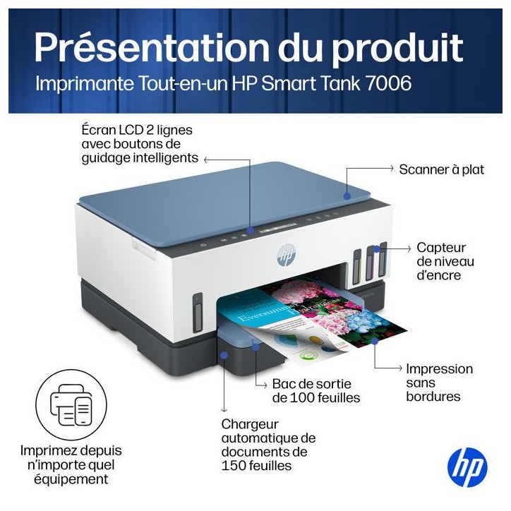 Imprimante Multifonction - HP - Smart Tank 7006 – Wi-Fi et Bluetooth - Réservoir d'encre – Couleurs Imprimante Multifonction - HP - Smart Tank 7006 – Wi-Fi et Bluetooth - Réservoir d'encre – Couleurs