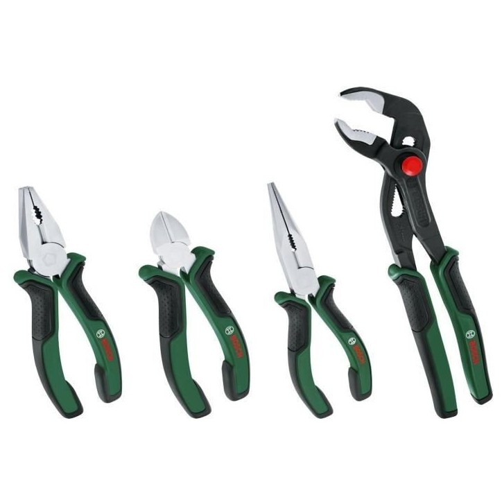Bosch - Set de 4 pinces (coupante diagonale précise et durable, universelle, a bec long et multiprises) Bosch - Set de 4 pinces (coupante diagonale précise et durable, universelle, a bec long et multiprises)