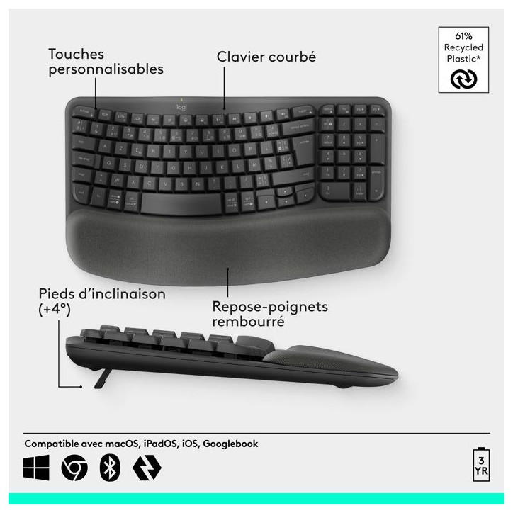 Clavier - Sans fil - Logitech - Wave Keys - AZERTY - Blanc