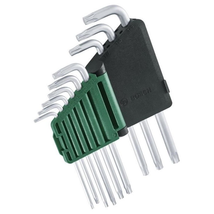 Bosch Set de 9 clés Torx (clés multitâches en acier S2 TX8-TX40 côté long surface antirouille, barrette de rangement) Bosch Set de 9 clés Torx (clés multitâches en acier S2 TX8-TX40 côté long surface antirouille, barrette de rangement)