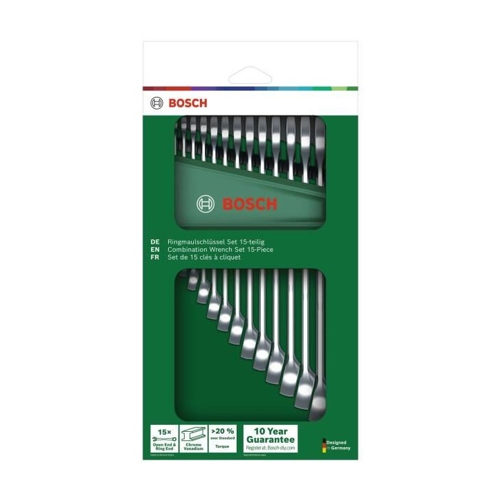 Bosch Set de 15 clés mixtes (clés plates robustes universelles métrique 6-21 mm design ergonomique)