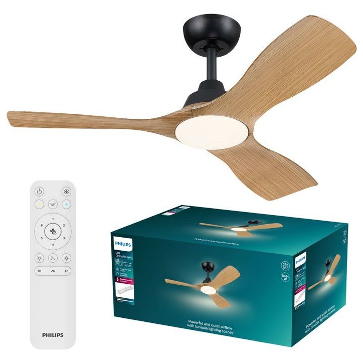 Ventilateur de plafond - Philips - Olas - Pales fixes - Diametre 106 cm - Noir/Bois - LED intégrée + télécommande