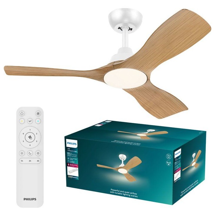 Ventilateur de plafond - Philips - Olas - Pales fixes - Diametre 106 cm - Blanc/Bois - LED intégrée + télécommande