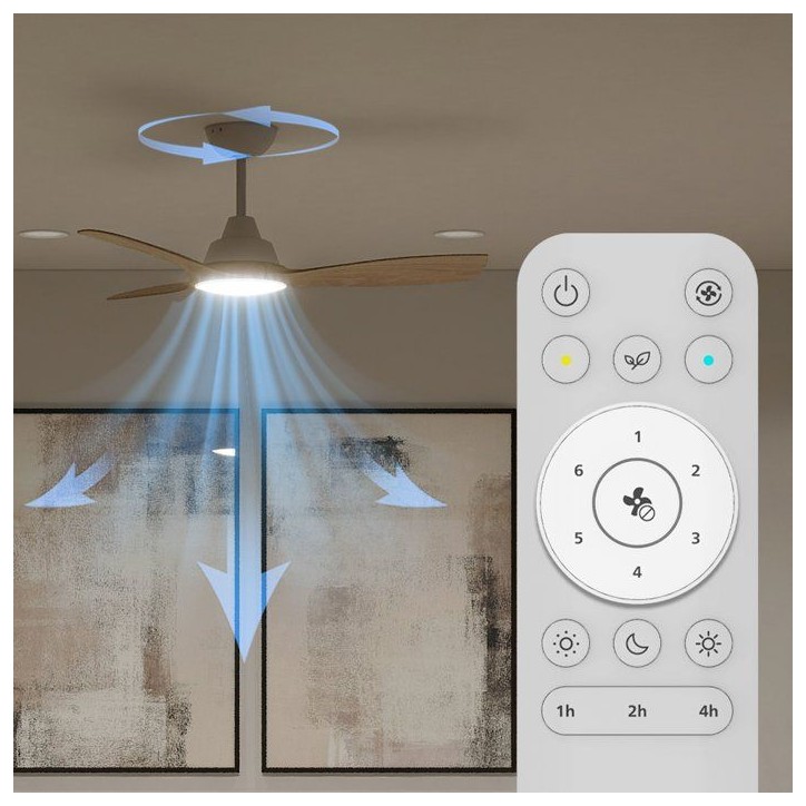 Ventilateur de plafond - Philips - Olas - Pales fixes - Diametre 106 cm - Blanc/Bois - LED intégrée + télécommande