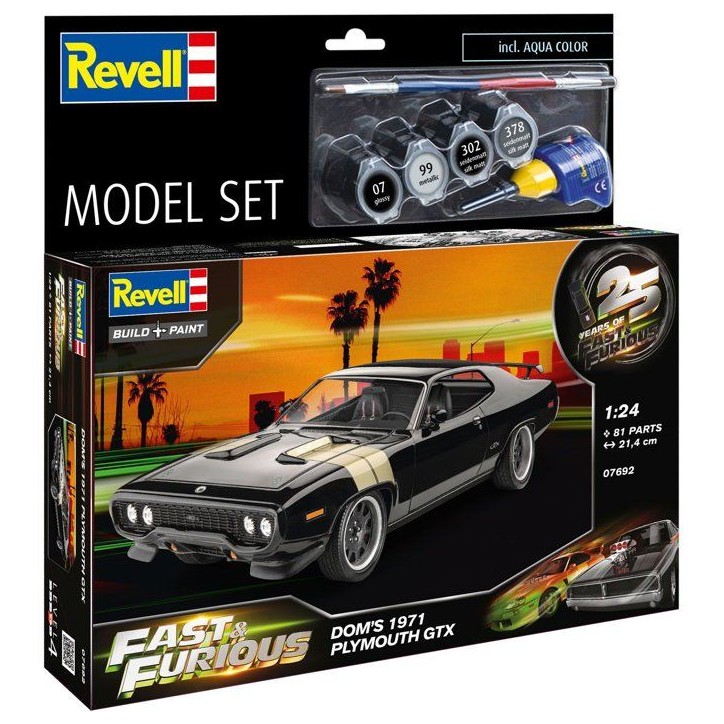 Maquette de voiture - REVELL - Model Set - Fast & Furious - Plymouth GTX de Dominic - Avec colle, peintures et accessoires Maquette de voiture - REVELL - Model Set - Fast & Furious - Plymouth GTX de Dominic - Avec colle, peintures et accessoires