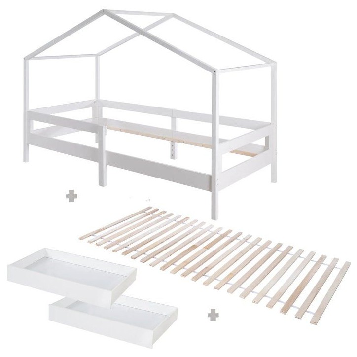 Lit cabane évolutif 90 x 200 cm - ROBA - Collection Cabane - Bois massif laqué blanc Lit cabane évolutif 90 x 200 cm - ROBA - Collection Cabane - Bois massif laqué blanc