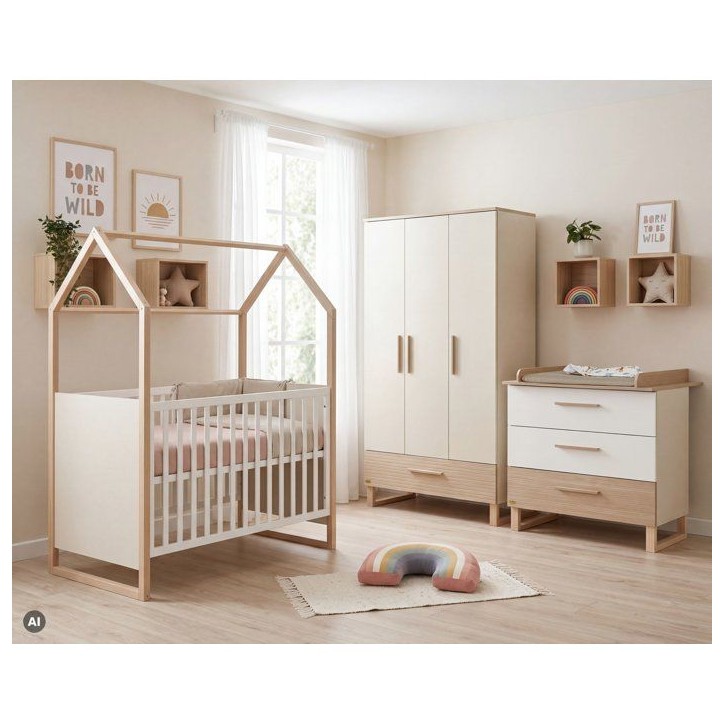 Chambre bébé complete - ROBA - Noah - Lit cododo 60x120 + Commode a langer + Armoire 3 portes - Blanc/Chene Chambre bébé complete - ROBA - Noah - Lit cododo 60x120 + Commode a langer + Armoire 3 portes - Blanc/Chene