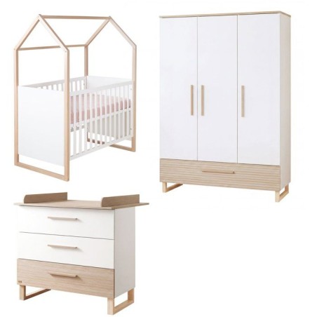 Chambre bébé complete - ROBA - Noah - Lit cododo 60x120 + Commode a langer + Armoire 3 portes - Blanc/Chene
