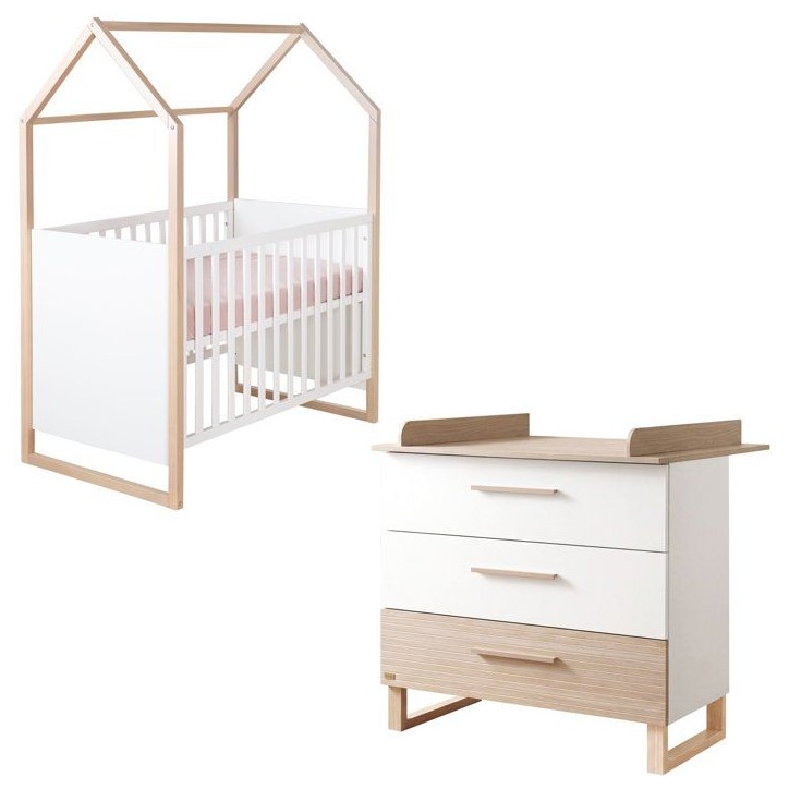 Chambre bébé duo - ROBA - Noah - Lit cododo 60x120 + Commode a langer évolutive - Blanc/Chene