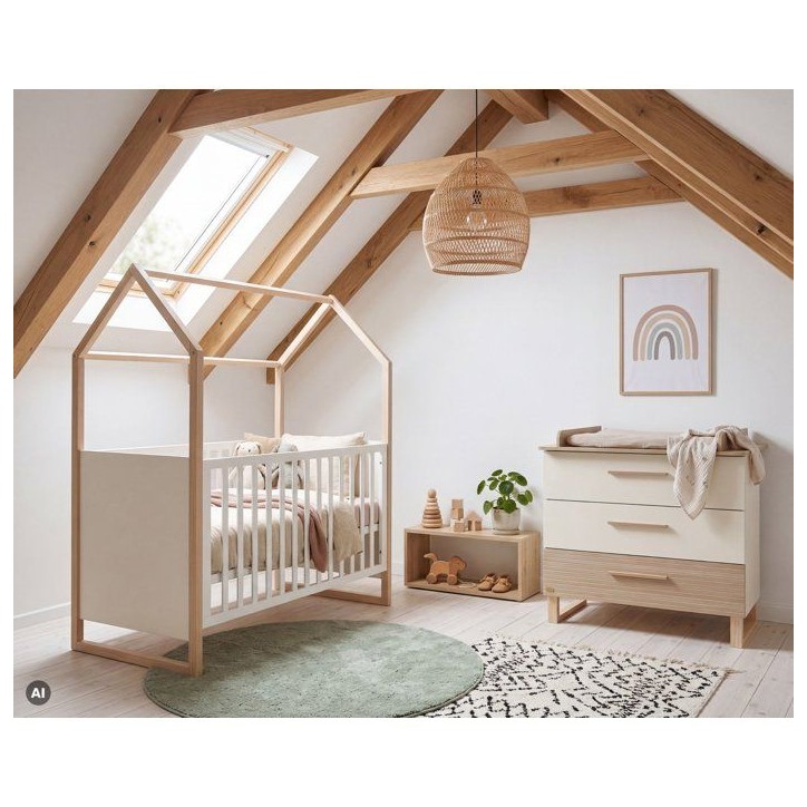 Chambre bébé duo - ROBA - Noah - Lit cododo 60x120 + Commode a langer évolutive - Blanc/Chene