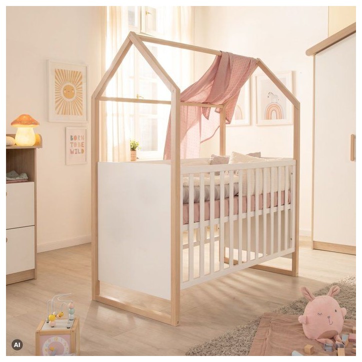 Chambre bébé duo - ROBA - Noah - Lit cododo 60x120 + Commode a langer évolutive - Blanc/Chene