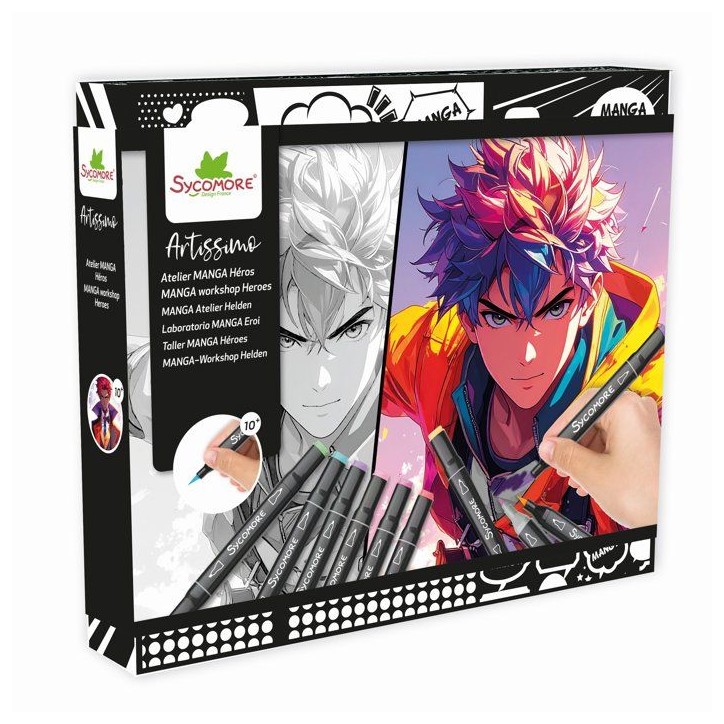 Coffret manga créatif - SYCOMORE - Layout Héros - 10 tableaux - Marqueurs inclus