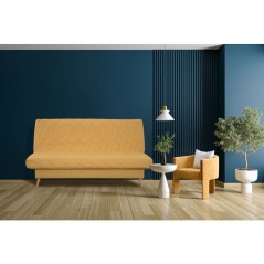 Banquette-lit clic-clac 2 places VOLTA - Tissu moutarde - Couchage 120 x 190 cm - Matelas Dunlopillo 13 cm