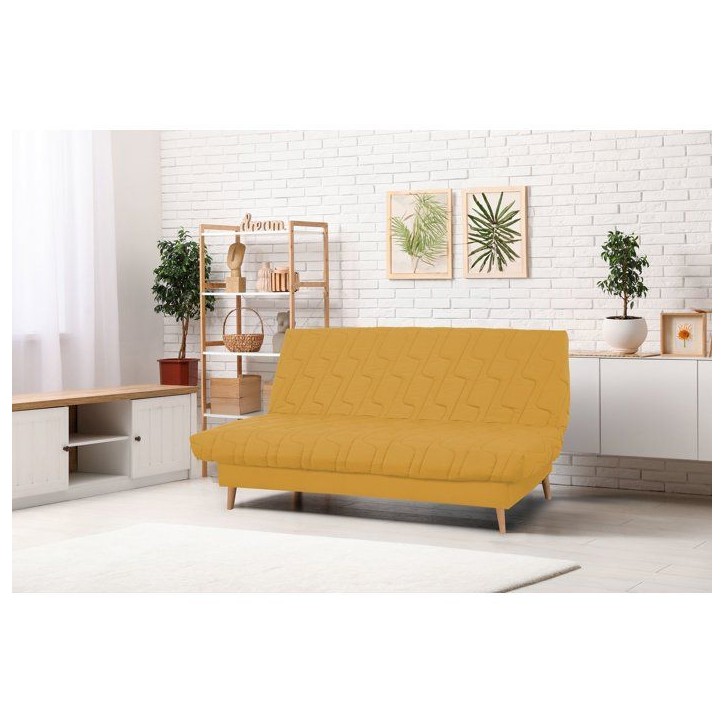 Banquette-lit clic-clac 2 places VOLTA - Tissu moutarde - Couchage 120 x 190 cm - Matelas Dunlopillo 13 cm Banquette-lit clic-clac 2 places VOLTA - Tissu moutarde - Couchage 120 x 190 cm - Matelas Dunlopillo 13 cm