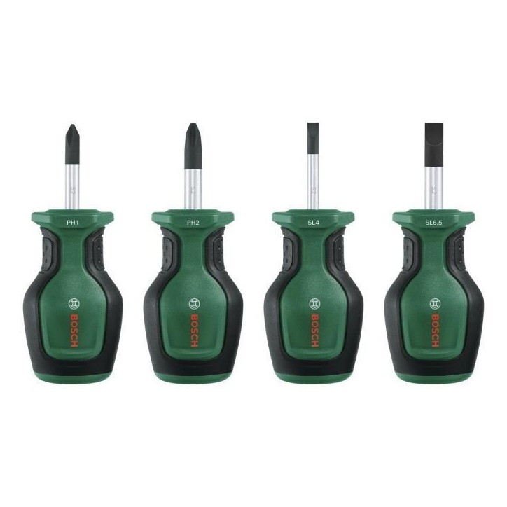 Bosch Set de 4 tournevis courts (compacts pour vissage dans espaces restreints embout magnétique) Bosch Set de 4 tournevis courts (compacts pour vissage dans espaces restreints embout magnétique)