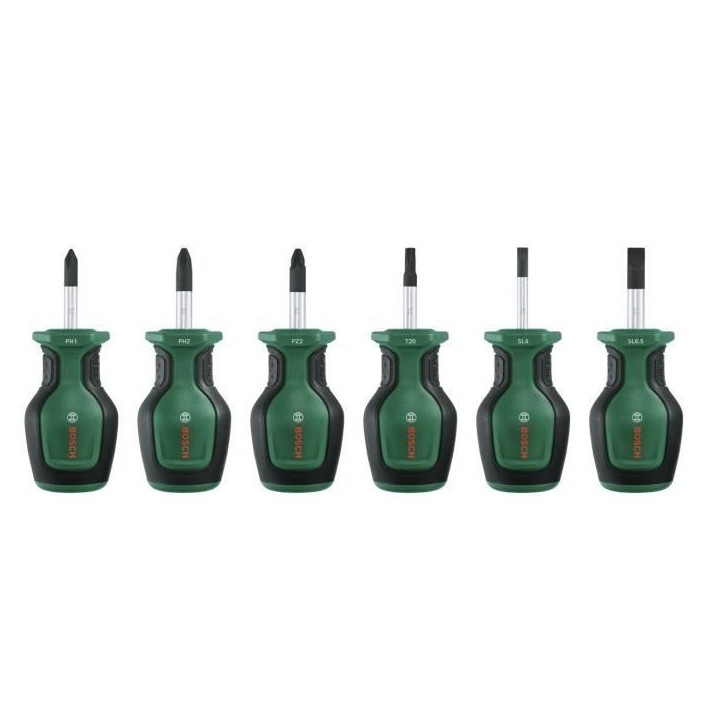 Bosch Set de 6 tournevis courts (pour endroits restreints PH/PZ/TX/Plat acier S2 couple élevé embout magnétique) Bosch Set de 6 tournevis courts (pour endroits restreints PH/PZ/TX/Plat acier S2 couple élevé embout magnétique)