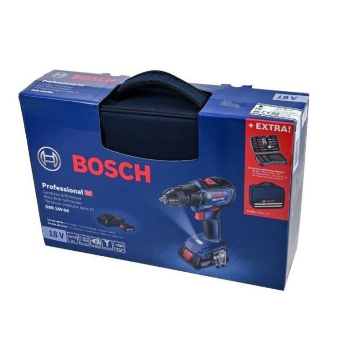 Perceuse-visseuse Bosch Professional GSR 18V-50 + 2 batteries 2,0Ah + chargeur GAL 18V-20 + 43 accessoires + Sacoche