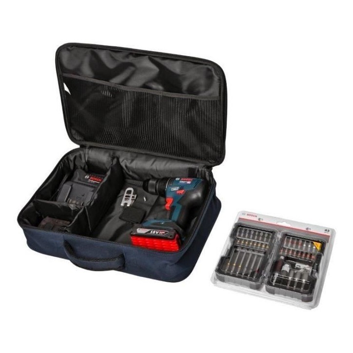 Perceuse-visseuse Bosch Professional GSR 18V-50 + 2 batteries 2,0Ah + chargeur GAL 18V-20 + 43 accessoires + Sacoche